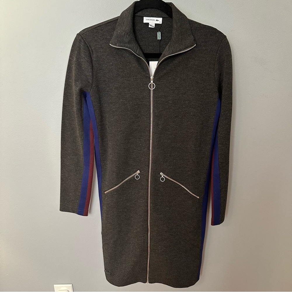 NWT Lacoste Grey Dress with Stripes on Sides and Sleeves — Size 2